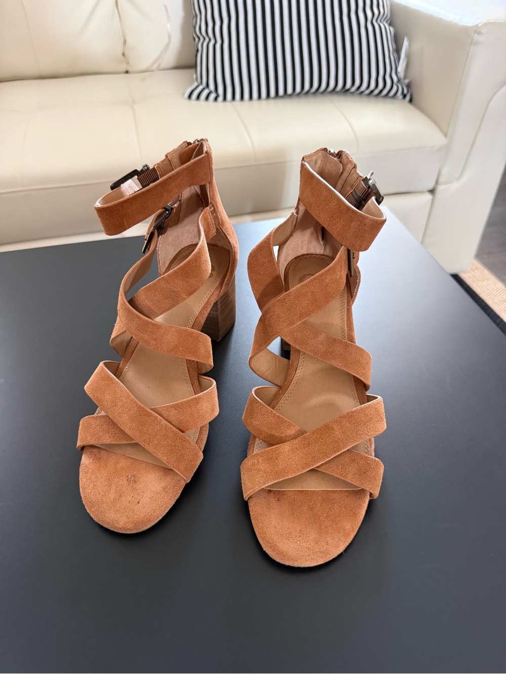 Gianni Bini Cognac Suede Crisscross Ankle-Strap Block Heel Sandals